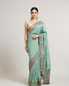 Sea Green Floral & Grid Patterned Saree with Sequin Work